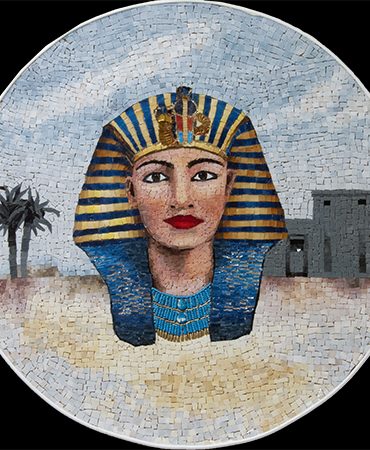 Mosaik-Wandbild: Motiv Hatschepsut mit Palmen und einem Tempel im Hintergrund