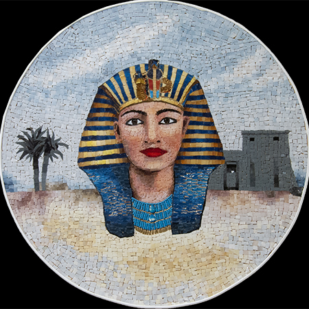 Mosaik-Wandbild: Motiv Hatschepsut mit Palmen und einem Tempel im Hintergrund